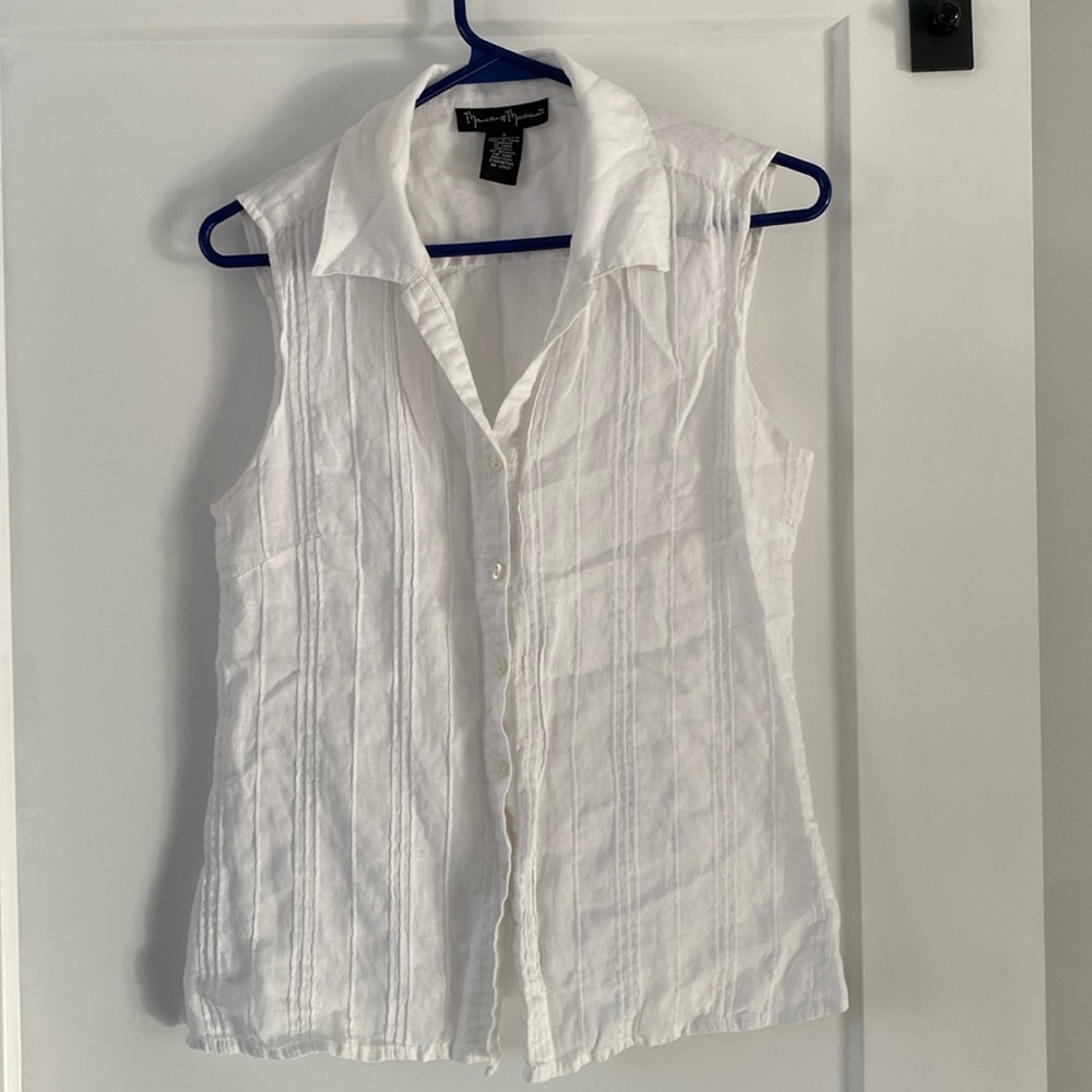 MERCER & MADISON white linen blouse pleats button front sleeveless S